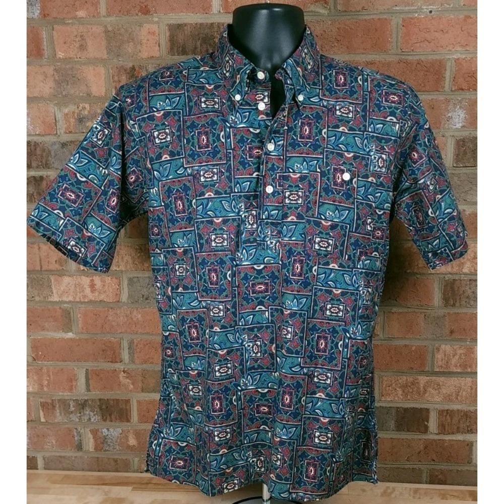 Lord Jeff Hawaiian Shirt Mens Medium Blue Geometric Paisley Vintage USA
